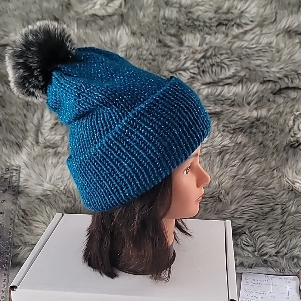Blue Knit Beanie with Pom Pom